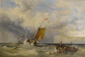 Cutter pilote n° 3 retournant à terre, avec un grand navire marchand à l